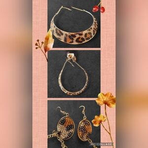 Leopard Print Choker Necklace w/ Earrings Approx. 9.5in Adjustable